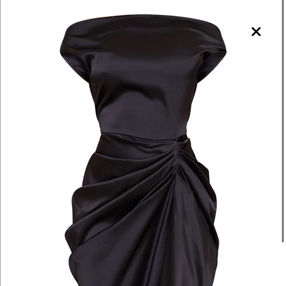 Elegant Black Satin Draped Off-Shoulder Dress